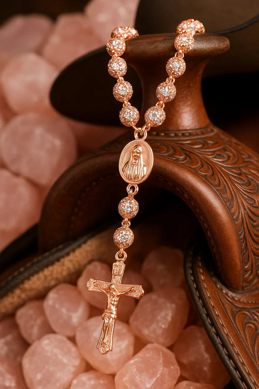 Camandula - Rosario Oro Rosa Diamantado + Caja de Lujo Gratis