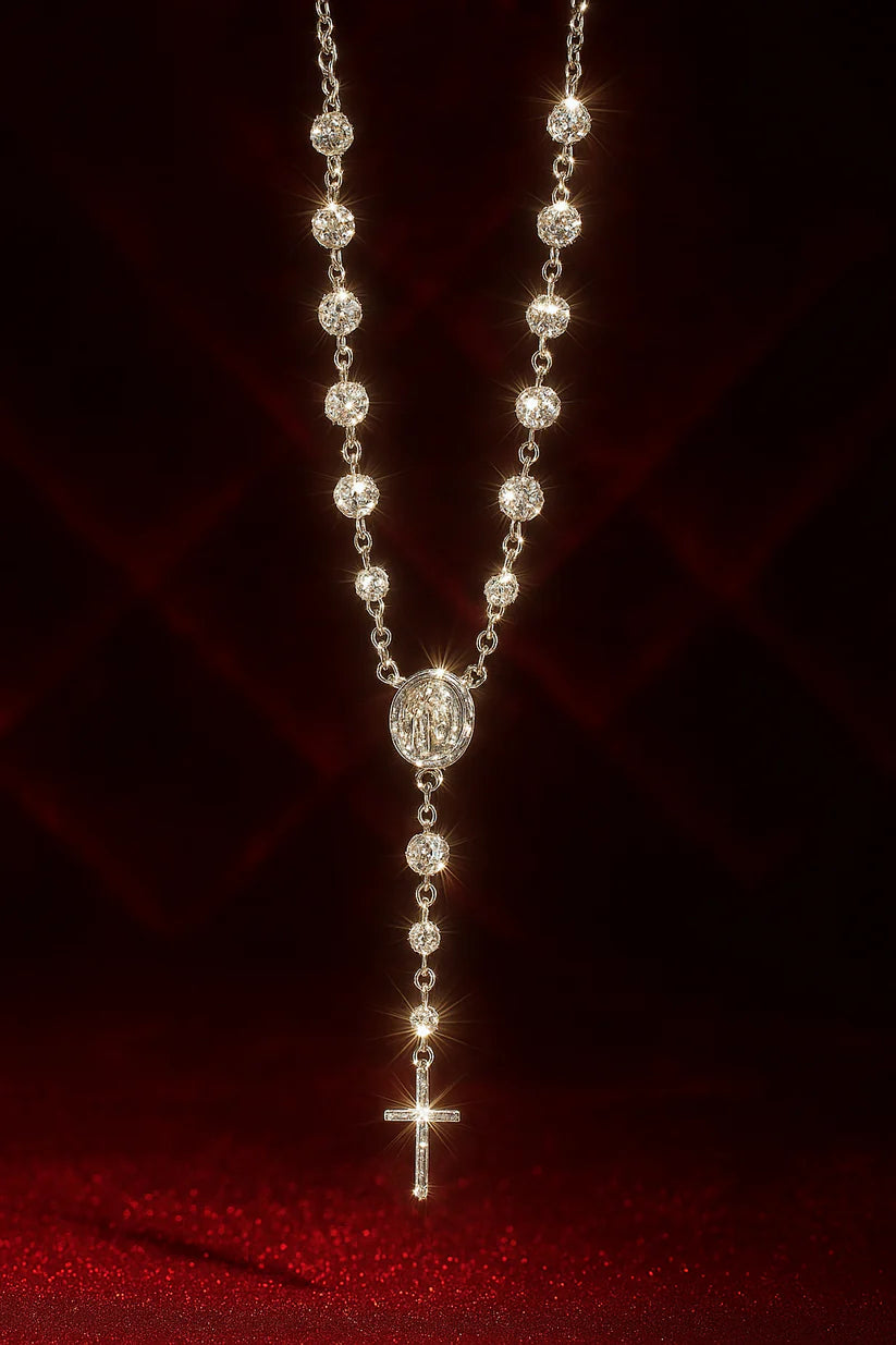 Camandula - Rosario Oro Blanco Diamantado + Caja de Lujo Gratis