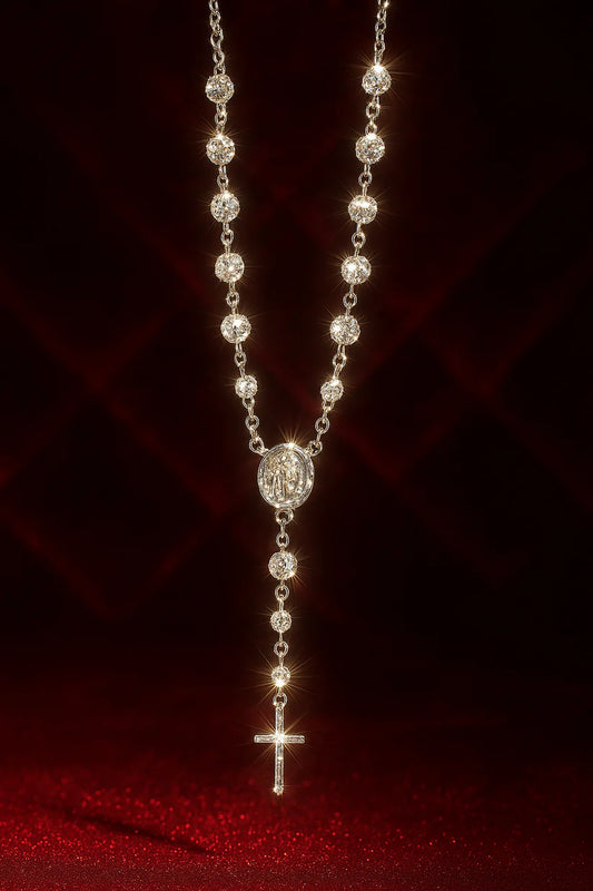 Camandula - Rosario Oro Blanco Diamantado + Caja de Lujo Gratis