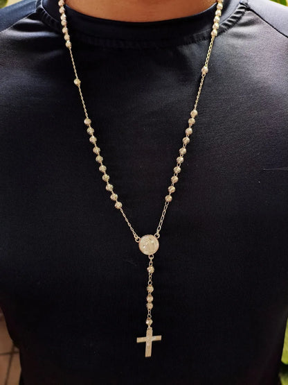 Camandula - Rosario Oro Blanco Diamantado + Caja de Lujo Gratis