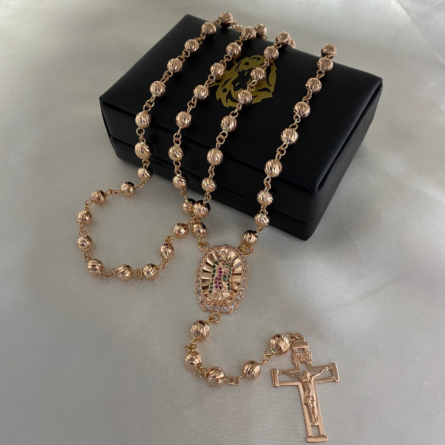 Camandula - Rosario Oro Rosa Diamantado + Caja de Lujo Gratis